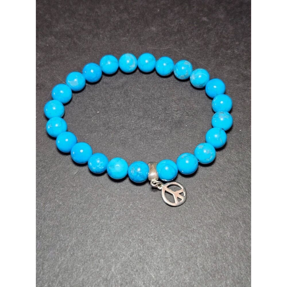 Sterling silver turquoise beaded bracelet peace charm 7.25"